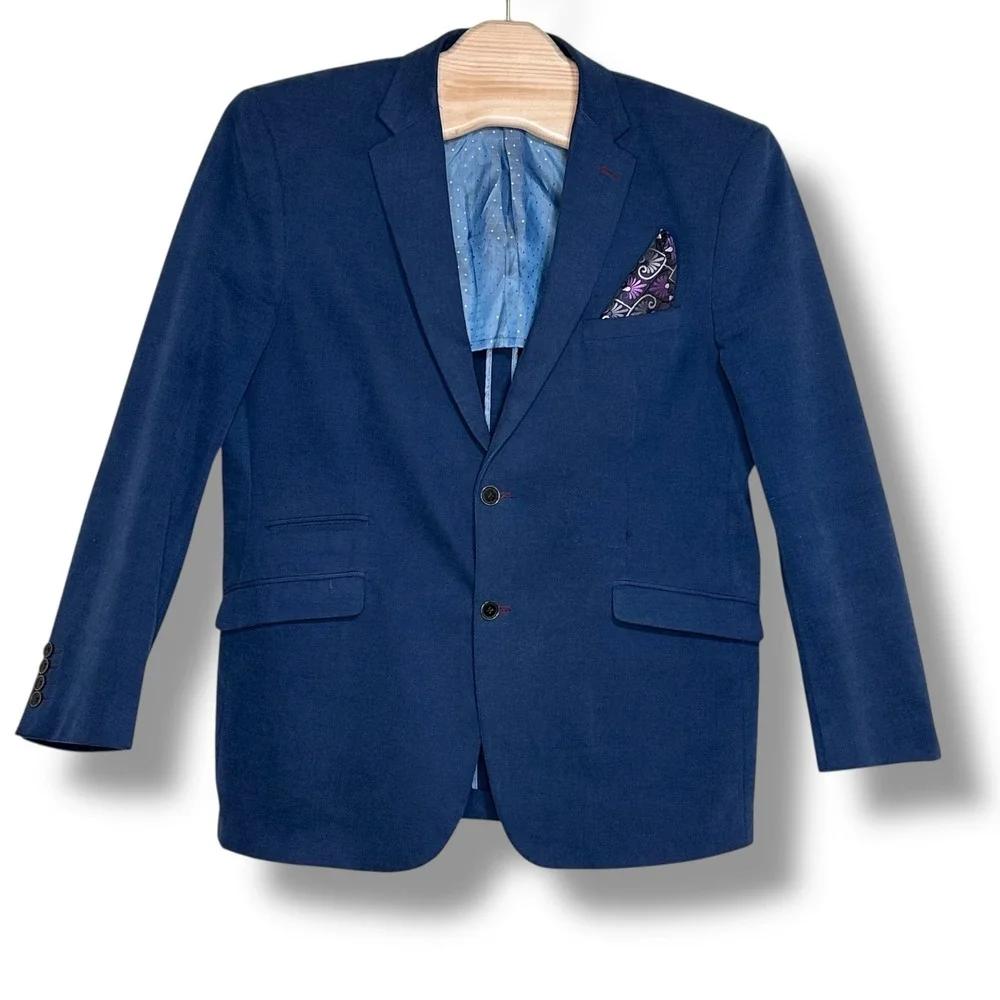 Inserch Mens XL Italy Denim Blue Blazer Jacket Cotton Brown Elbow Patches Preppy
